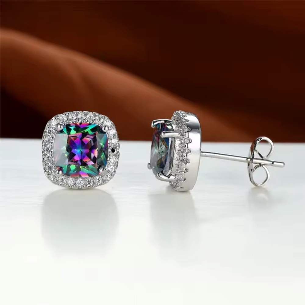 18k White Gold Plated & Mystic Topaz Stud Earrings - Picture 3 of 5
